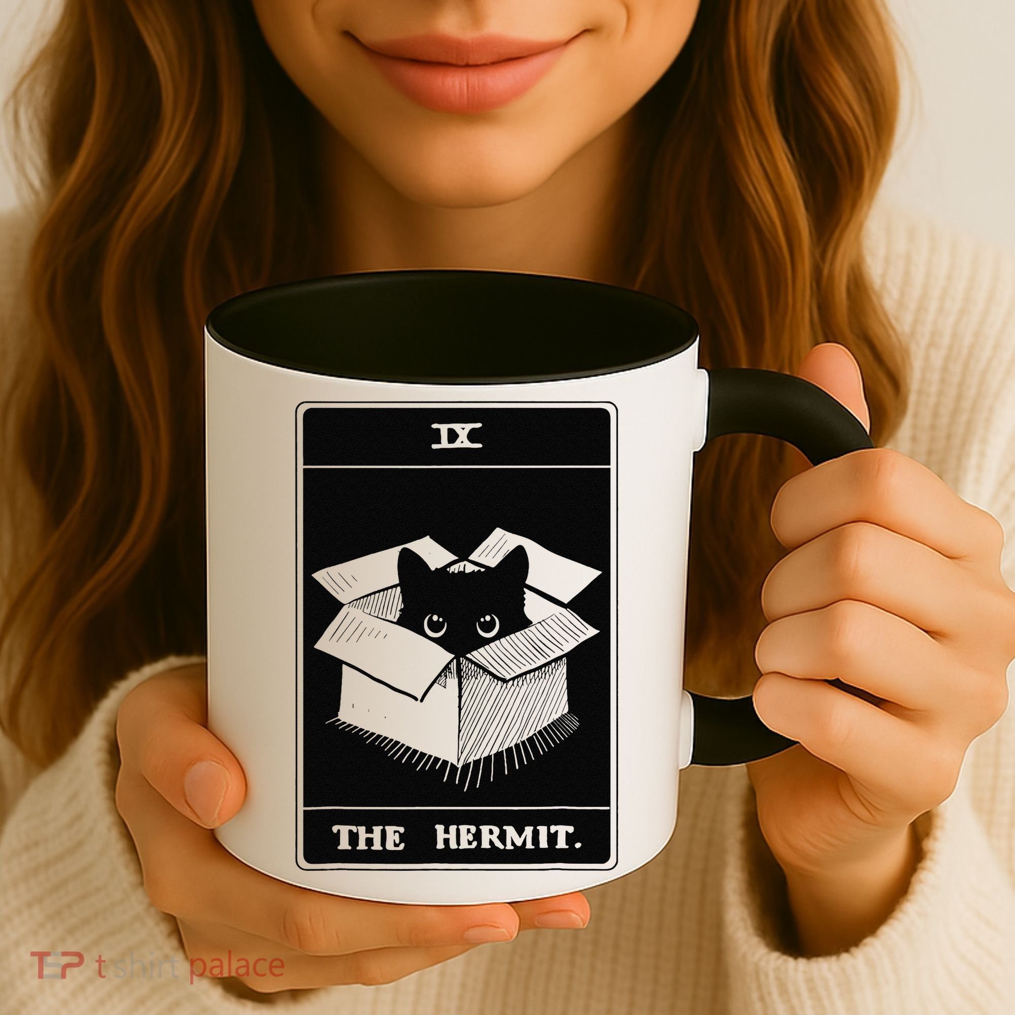 Retro Halloween Black Cat The Hermit Tarot Card Witchcraft Coffee Mug