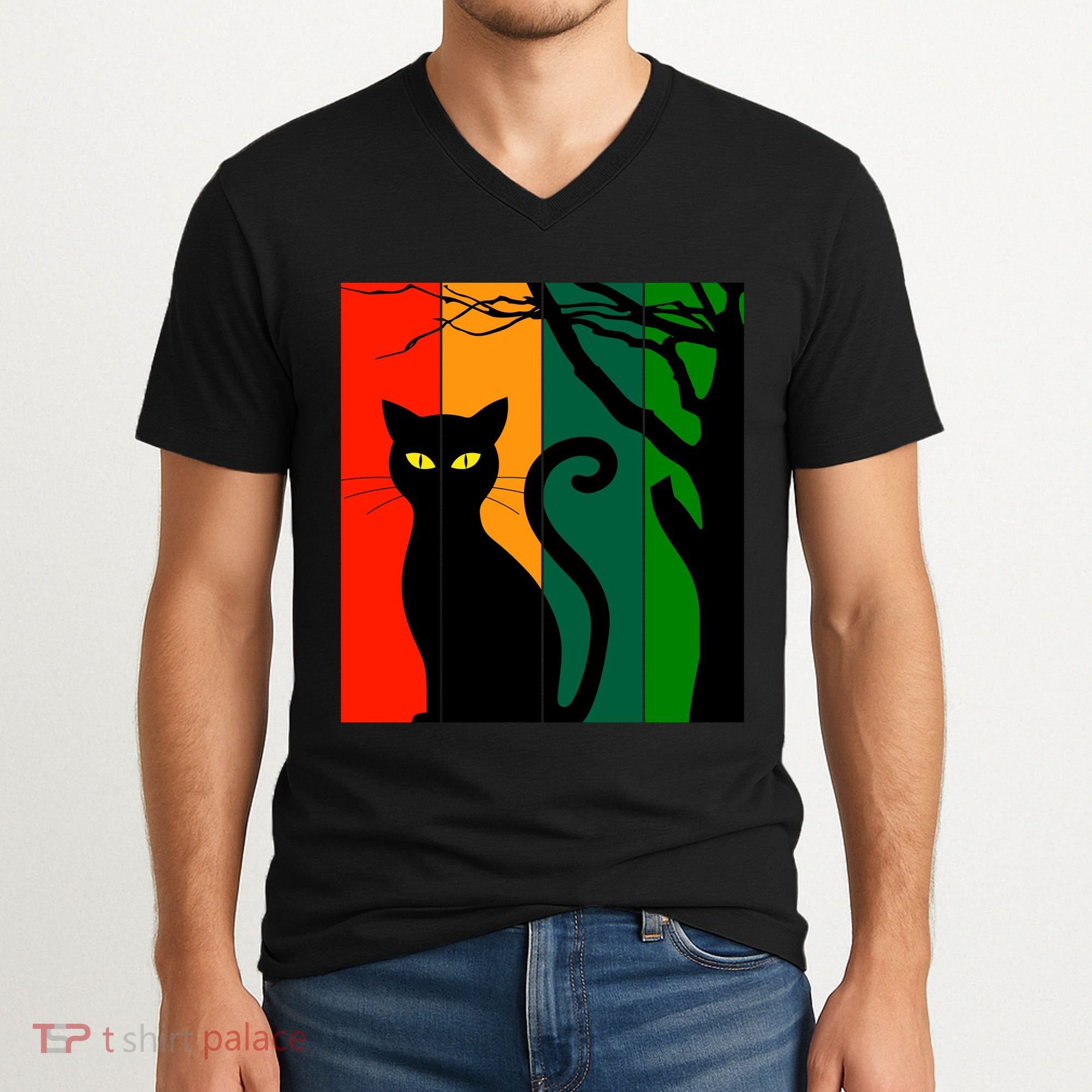 Retro Halloween Cat V-Neck T-Shirt