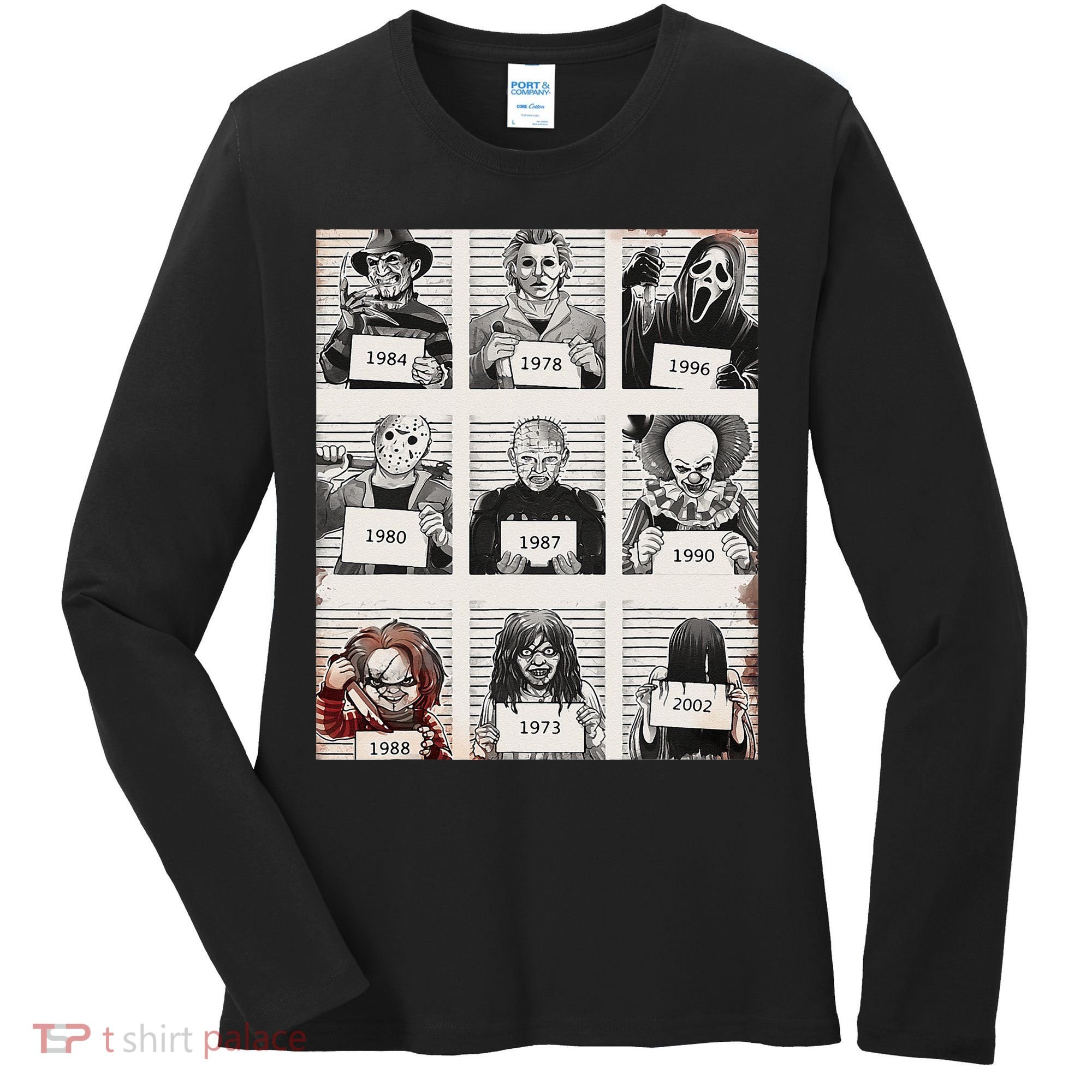 Retro Halloween Creepy Legends Killers Mugshots Horror Fan Women's Long Sleeve Shirt