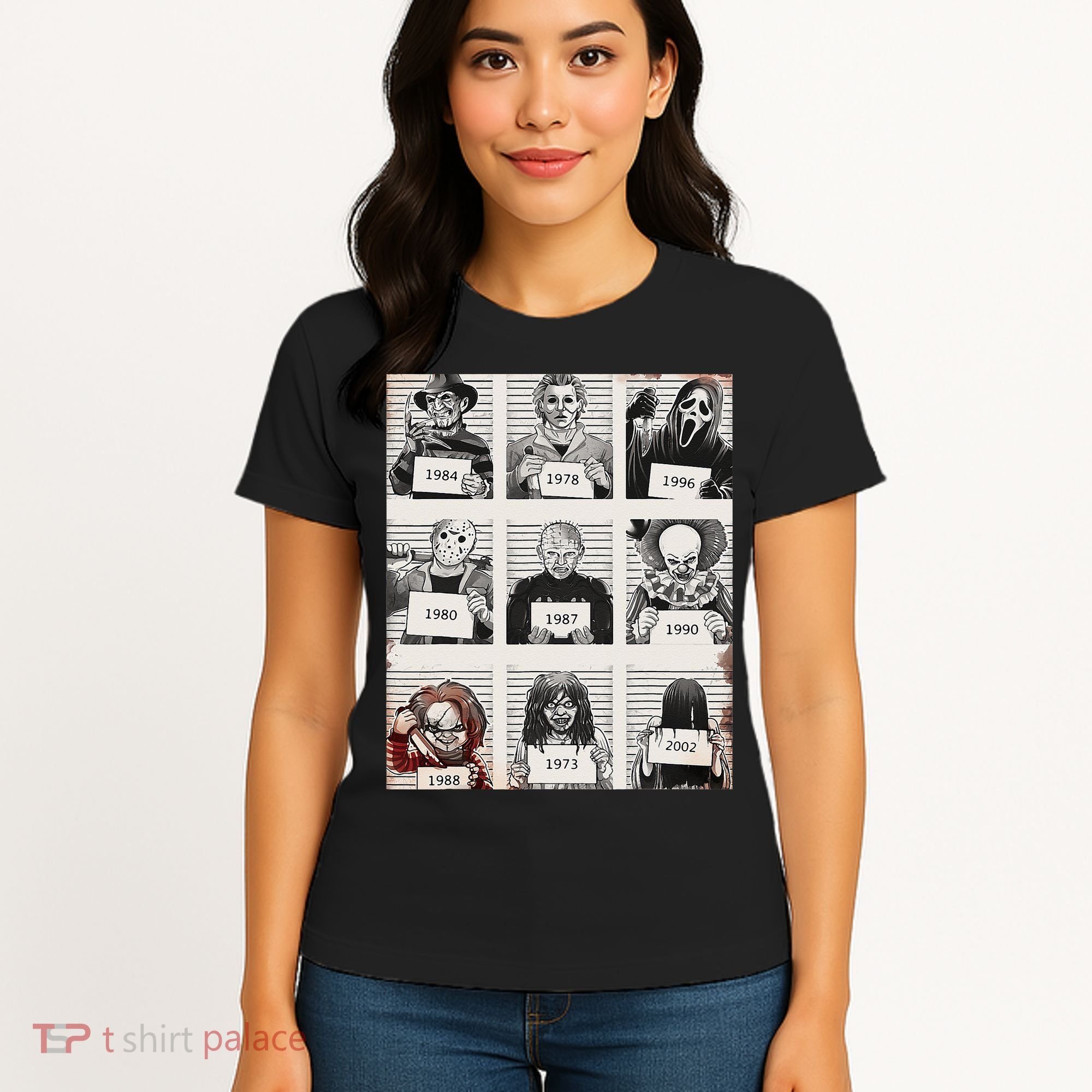 Retro Halloween Creepy Legends Killers Mugshots Horror Fan Women's T-Shirt
