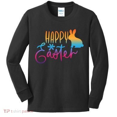 Rainbow Happy Easter Bunny Kids Long Sleeve Shirt