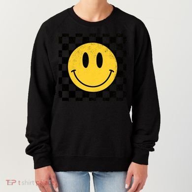 Retro Happy Face 70s Distressed Checkered Pattern Smile Face Women's Sweatshirt