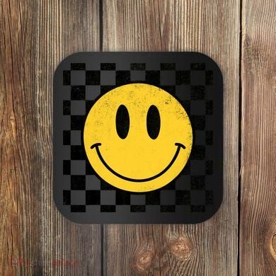 Retro Happy Face 70s Distressed Checkered Pattern Smile Face Coaster