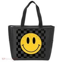 Retro Happy Face 70s Distressed Checkered Pattern Smile Face Tote Bag thumb 0