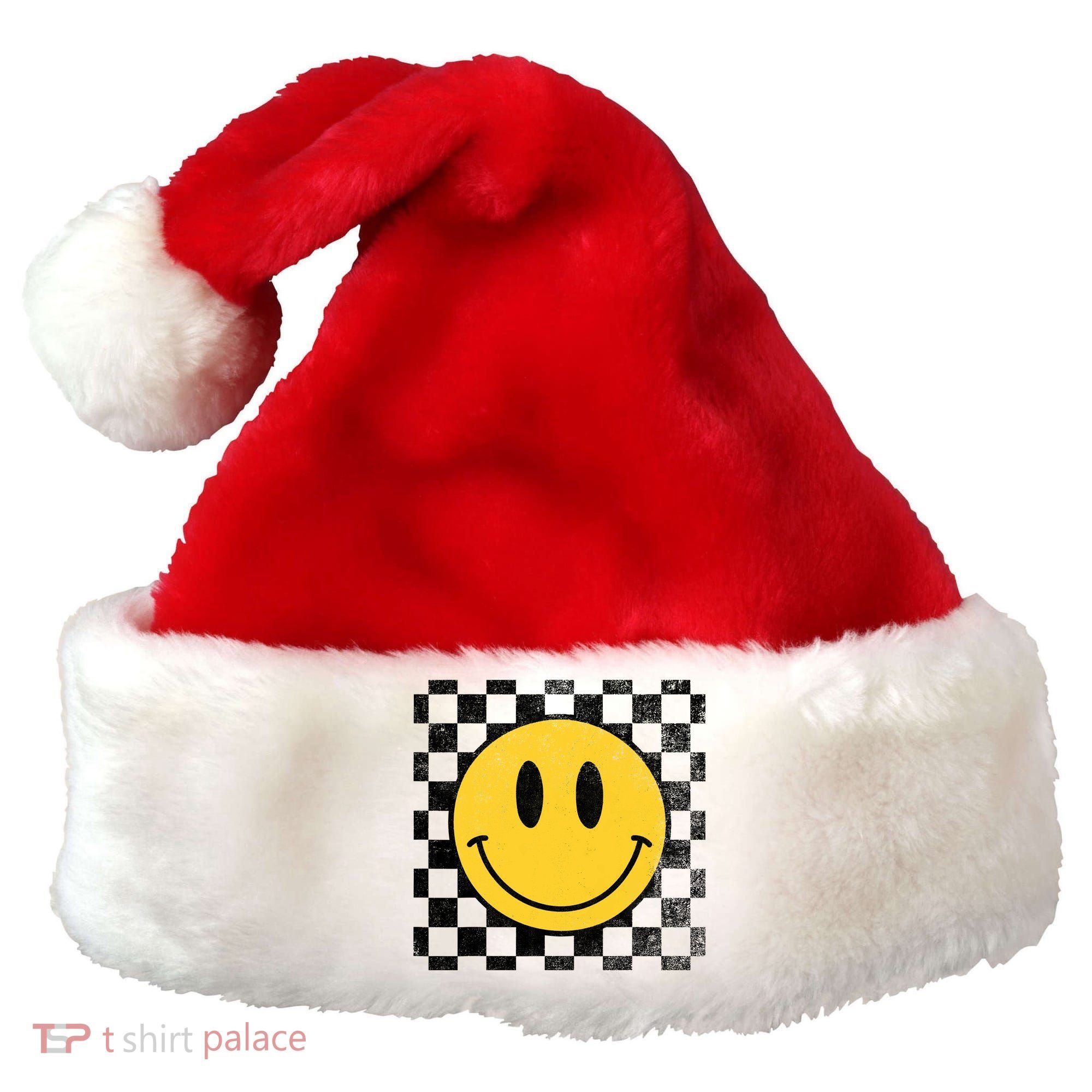Retro Happy Face 70s Distressed Checkered Pattern Smile Face Santa Hat
