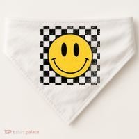 Retro Happy Face 70s Distressed Checkered Pattern Smile Face USA-Made Doggie Bandana thumb 0