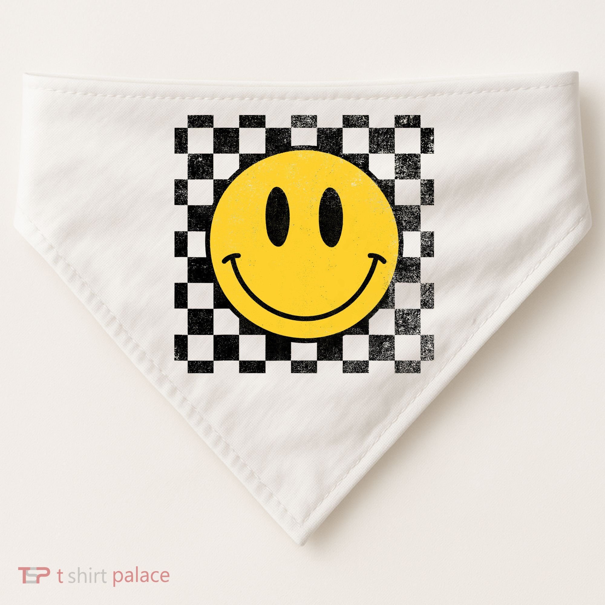Retro Happy Face 70s Distressed Checkered Pattern Smile Face USA-Made Doggie Bandana