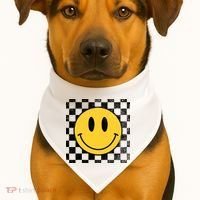 Retro Happy Face 70s Distressed Checkered Pattern Smile Face USA-Made Doggie Bandana thumb 1