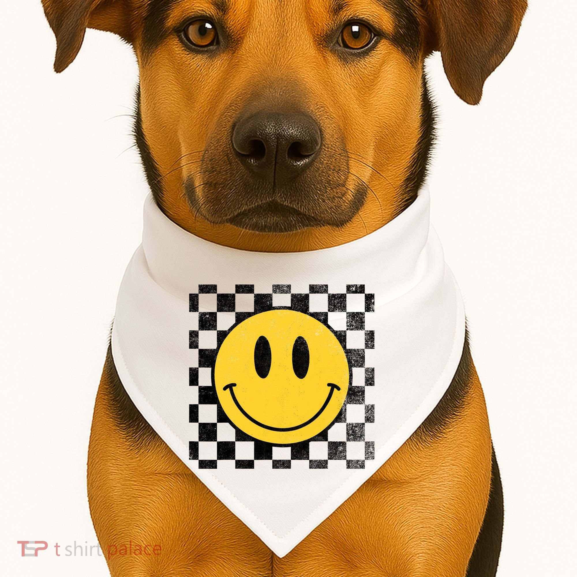 Retro Happy Face 70s Distressed Checkered Pattern Smile Face USA-Made Doggie Bandana