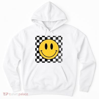 Retro Happy Face 70s Distressed Checkered Pattern Smile Face Hoodie