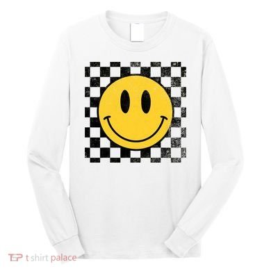 Retro Happy Face 70s Distressed Checkered Pattern Smile Face Long Sleeve Shirt