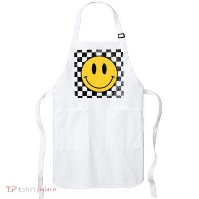 Retro Happy Face 70s Distressed Checkered Pattern Smile Face Apron