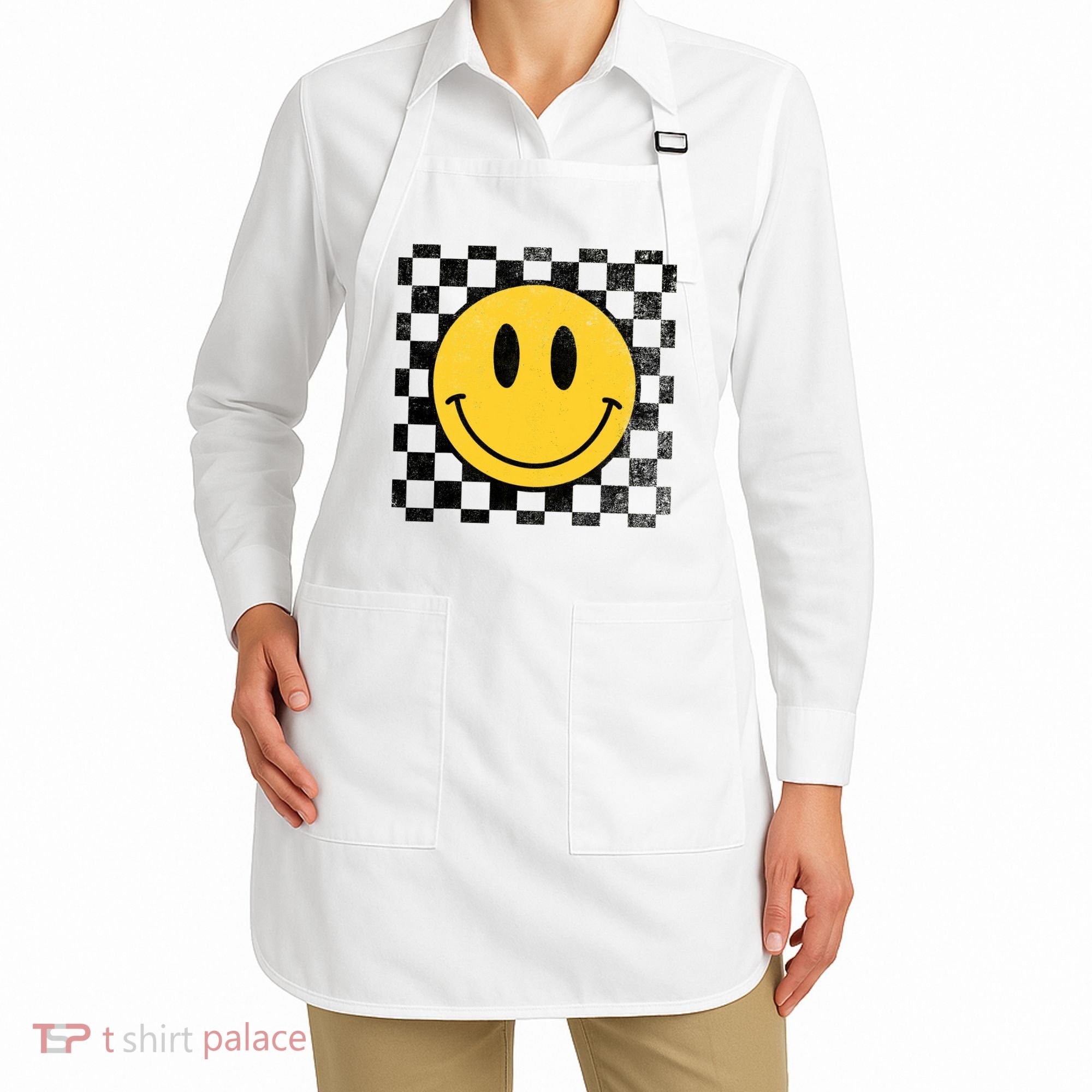 Retro Happy Face 70s Distressed Checkered Pattern Smile Face Apron