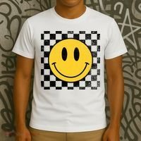 Retro Happy Face 70s Distressed Checkered Pattern Smile Face T-Shirt thumb 3
