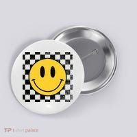 Retro Happy Face 70s Distressed Checkered Pattern Smile Face Button thumb 0