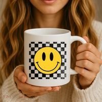 Retro Happy Face 70s Distressed Checkered Pattern Smile Face Coffee Mug thumb 3