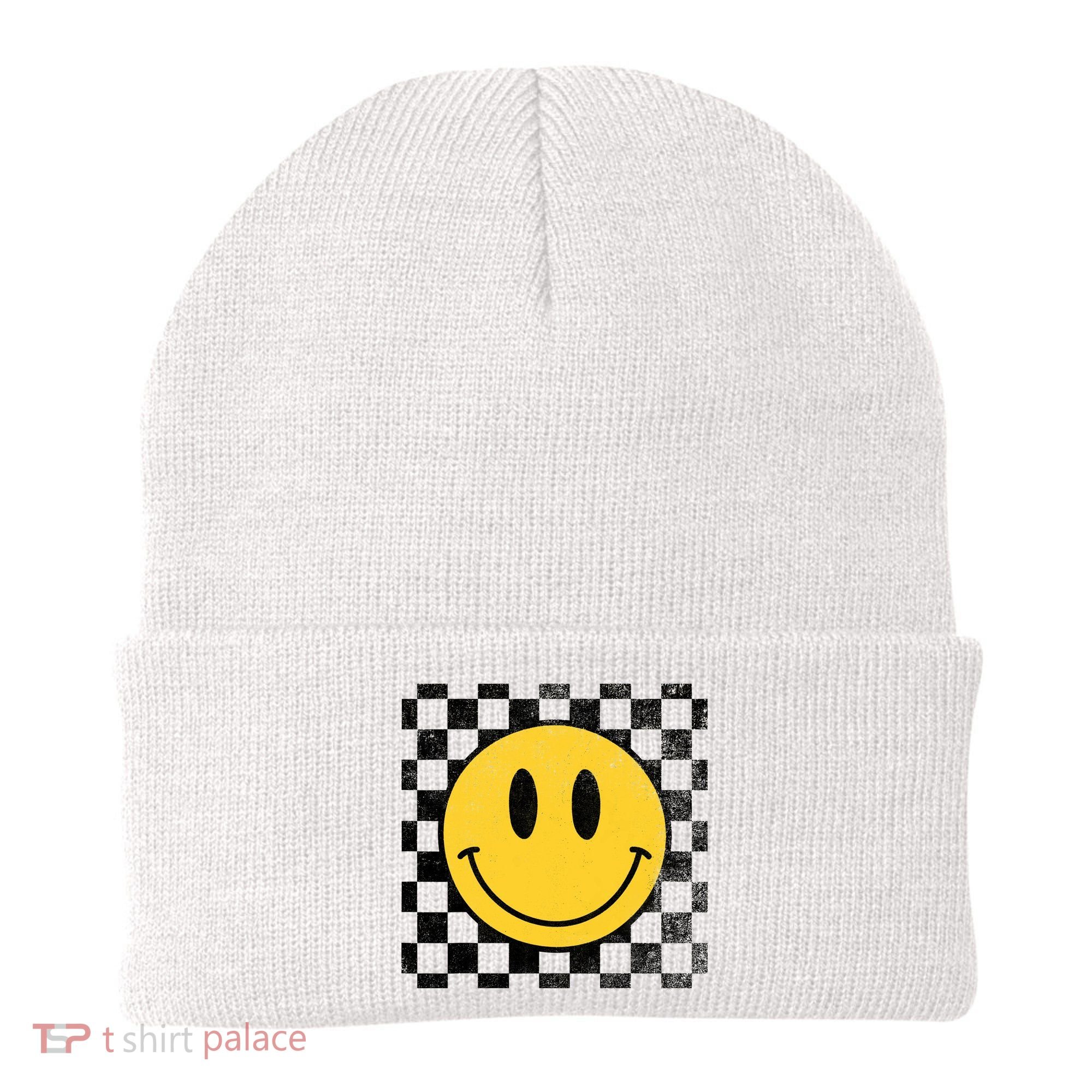 Retro Happy Face 70s Distressed Checkered Pattern Smile Face Beanie