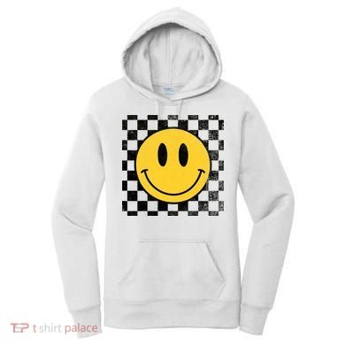 Retro Happy Face 70s Distressed Checkered Pattern Smile Face Women's Hoodie