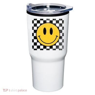 Retro Happy Face 70s Distressed Checkered Pattern Smile Face Tumbler