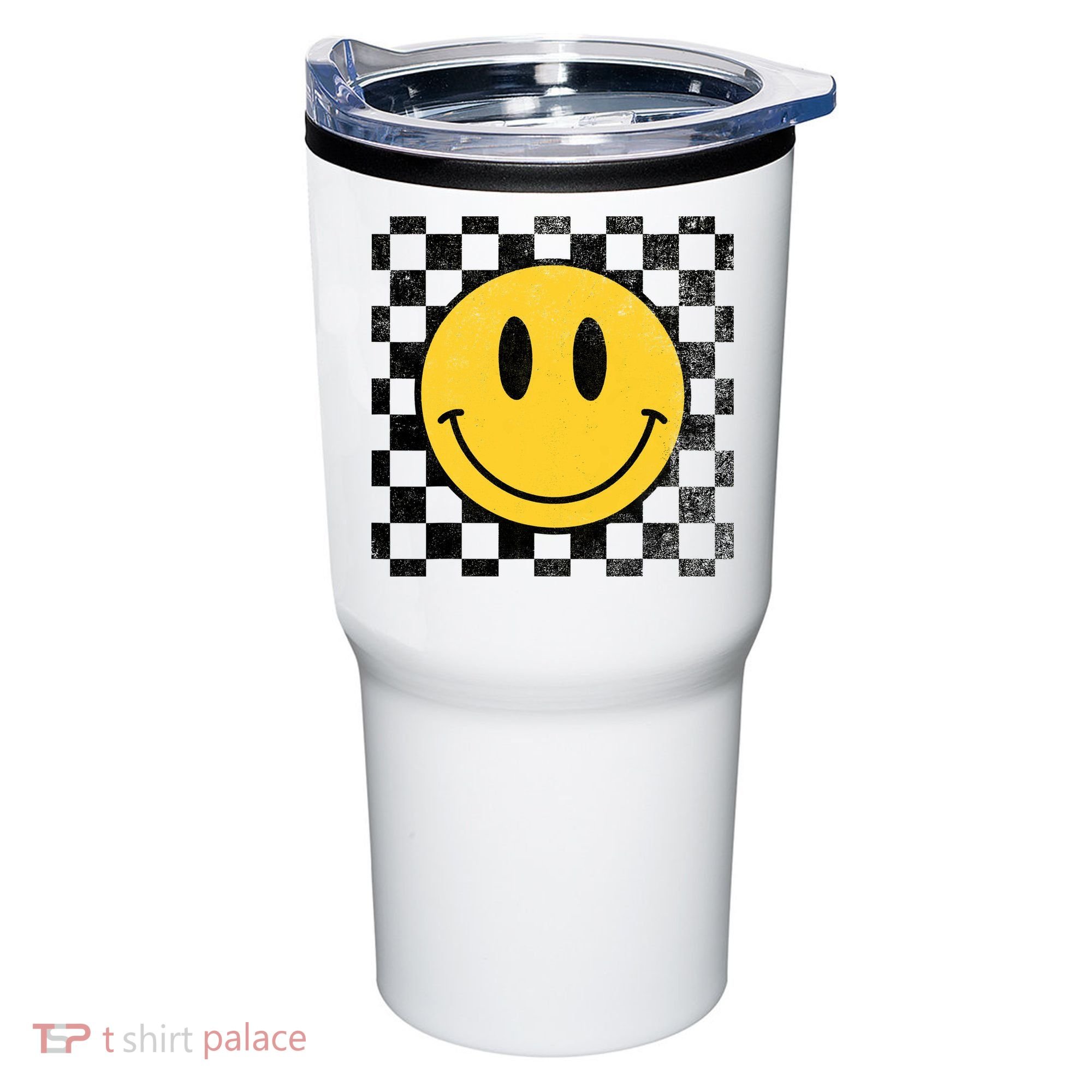Retro Happy Face 70s Distressed Checkered Pattern Smile Face Tumbler