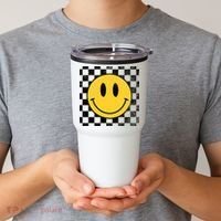 Retro Happy Face 70s Distressed Checkered Pattern Smile Face Tumbler thumb 2