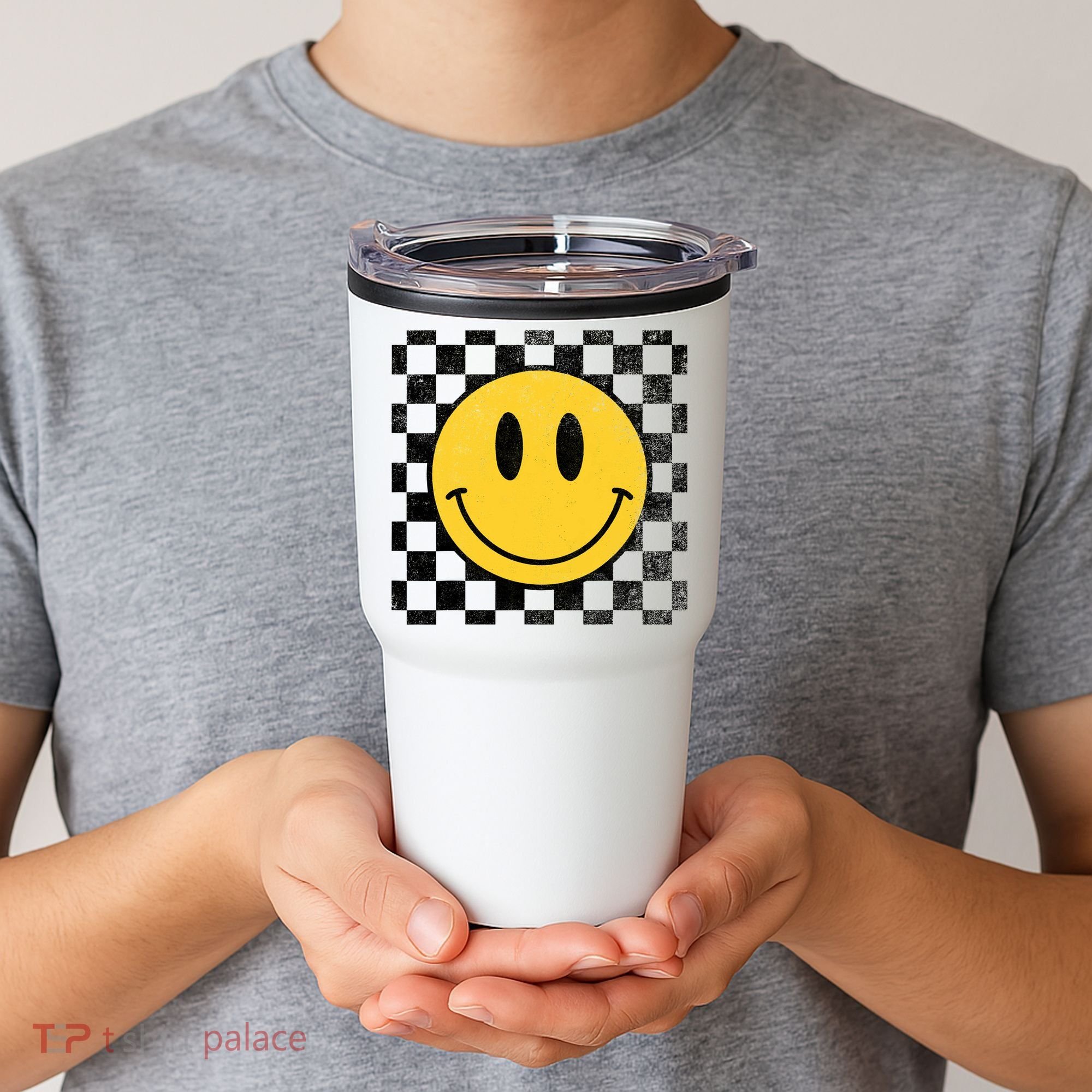 Retro Happy Face 70s Distressed Checkered Pattern Smile Face Tumbler