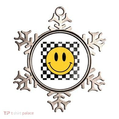 Retro Happy Face 70s Distressed Checkered Pattern Smile Face Ornament