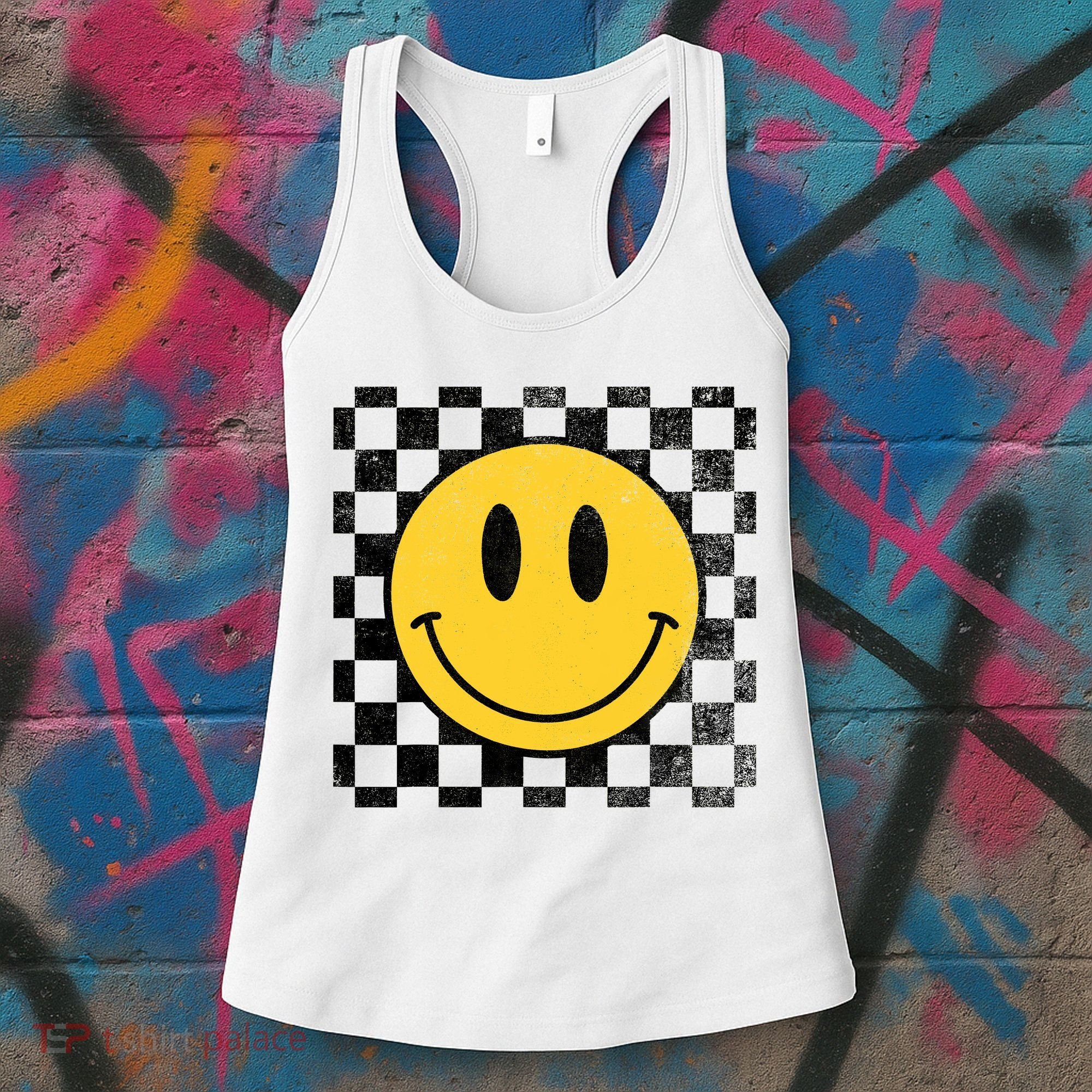 Retro Happy Face 70s Distressed Checkered Pattern Smile Face Women's Tank Top