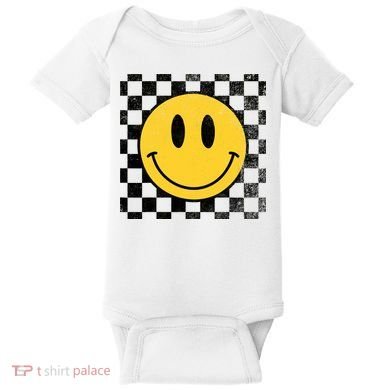 Retro Happy Face 70s Distressed Checkered Pattern Smile Face Baby Bodysuit