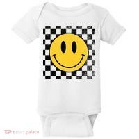 Retro Happy Face 70s Distressed Checkered Pattern Smile Face Baby Bodysuit thumb 0