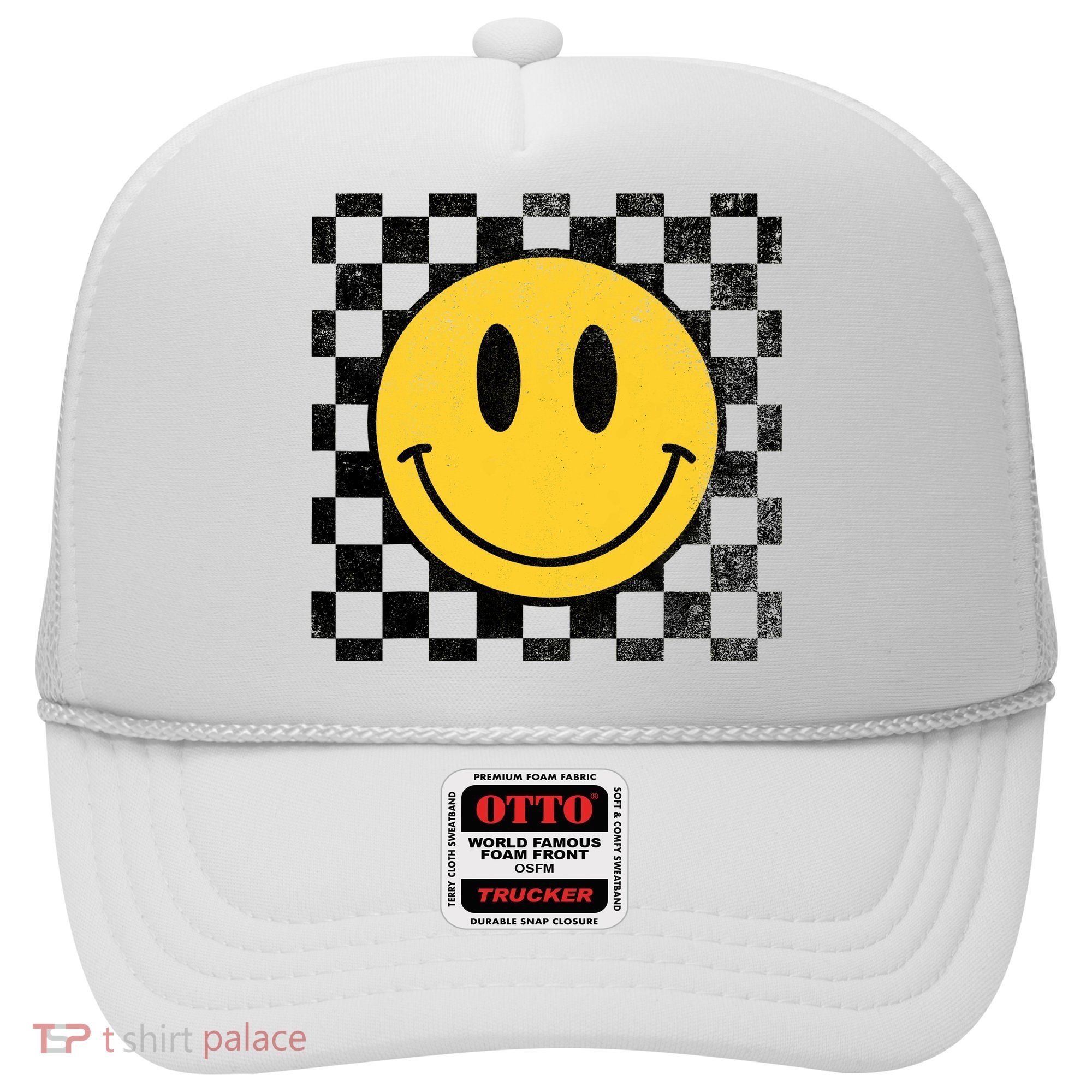 Retro Happy Face 70s Distressed Checkered Pattern Smile Face Hat