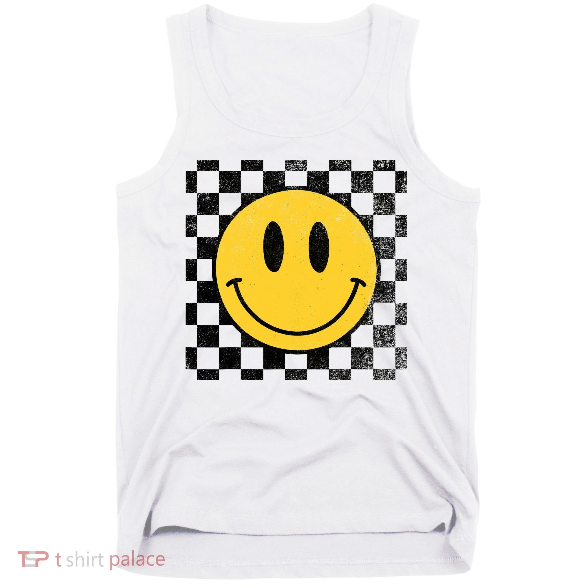 Retro Happy Face 70s Distressed Checkered Pattern Smile Face Tank Top