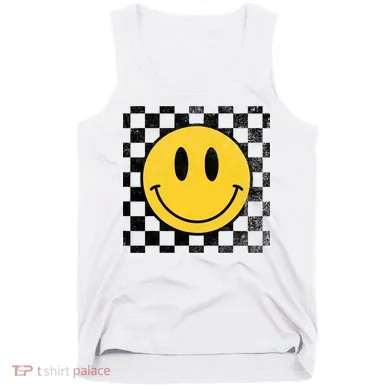 Retro Happy Face 70s Distressed Checkered Pattern Smile Face Tank Top