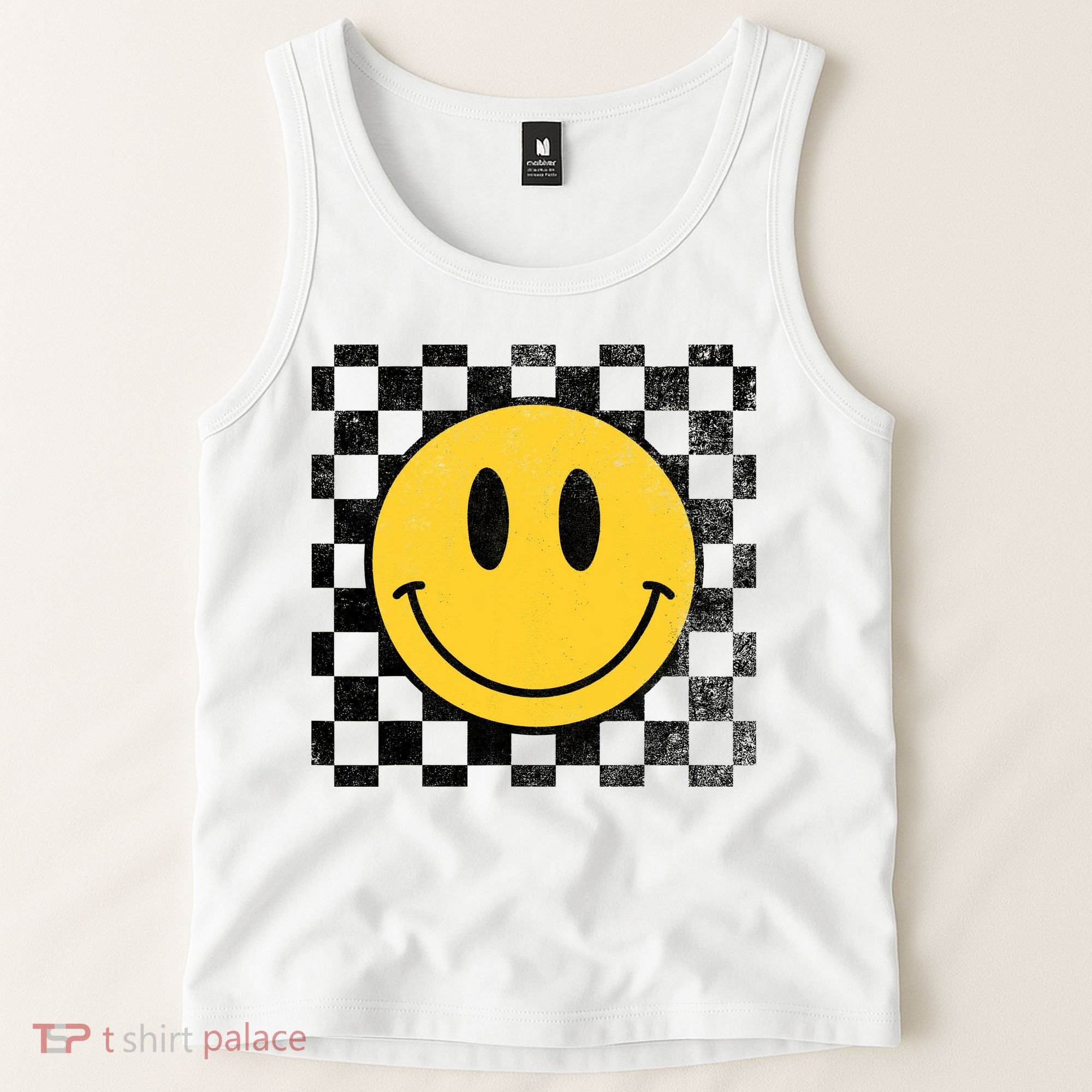 Retro Happy Face 70s Distressed Checkered Pattern Smile Face Tank Top