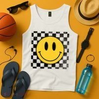 Retro Happy Face 70s Distressed Checkered Pattern Smile Face Tank Top thumb 4