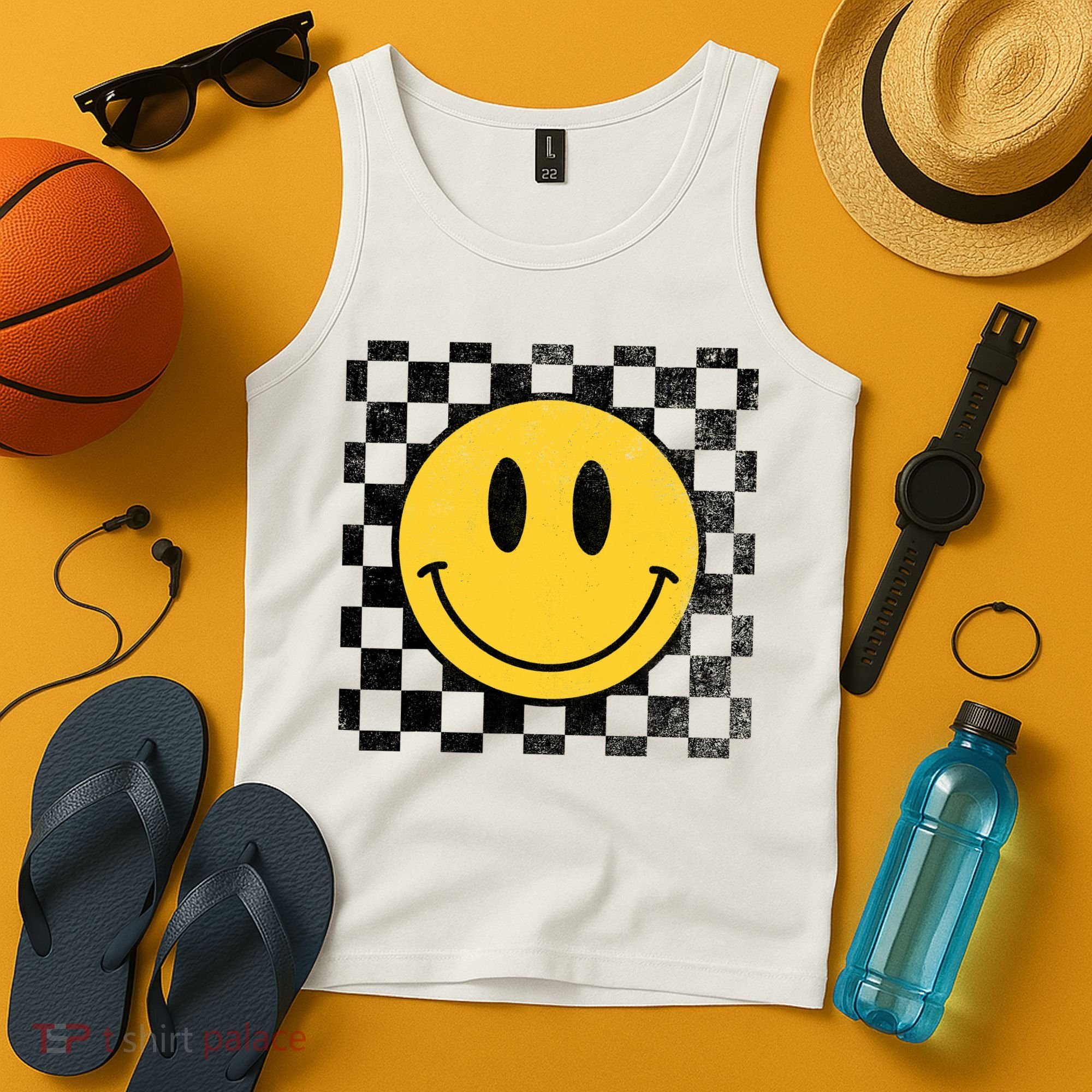 Retro Happy Face 70s Distressed Checkered Pattern Smile Face Tank Top