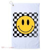 Retro Happy Face 70s Distressed Checkered Pattern Smile Face Golf Towel thumb 0