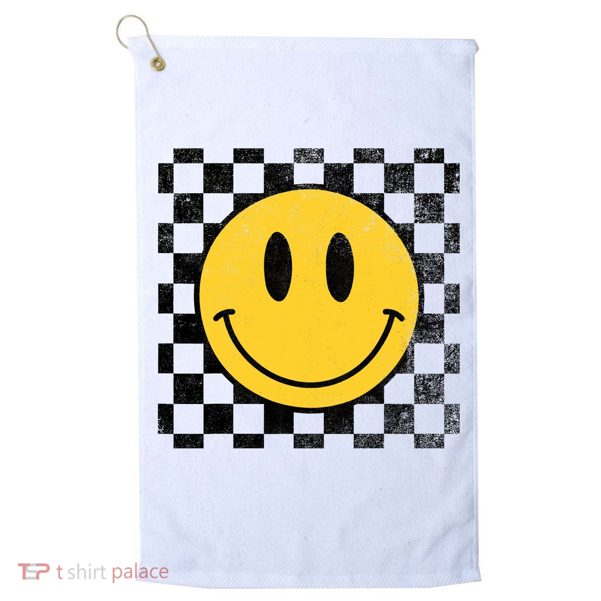 Retro Happy Face 70s Distressed Checkered Pattern Smile Face Golf Towel