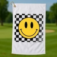 Retro Happy Face 70s Distressed Checkered Pattern Smile Face Golf Towel thumb 1