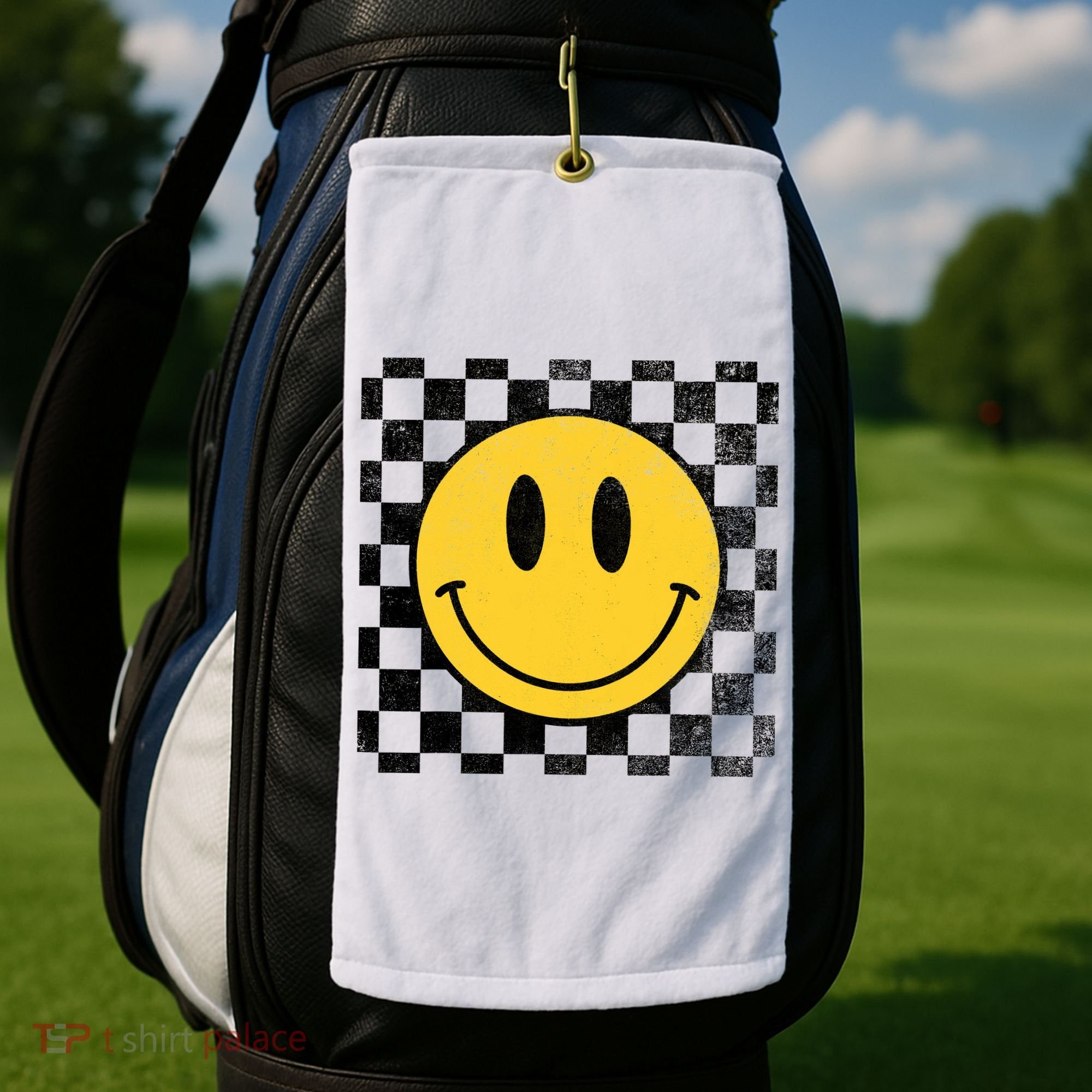 Retro Happy Face 70s Distressed Checkered Pattern Smile Face Golf Towel