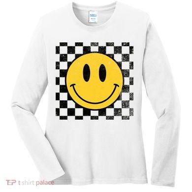 Retro Happy Face 70s Distressed Checkered Pattern Smile Face Women's Long Sleeve Shirt