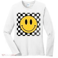 Retro Happy Face 70s Distressed Checkered Pattern Smile Face Women's Long Sleeve Shirt thumb 0