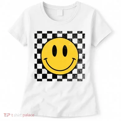 Retro Happy Face 70s Distressed Checkered Pattern Smile Face Women's T-Shirt