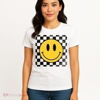 Retro Happy Face 70s Distressed Checkered Pattern Smile Face Women's T-Shirt thumb 4