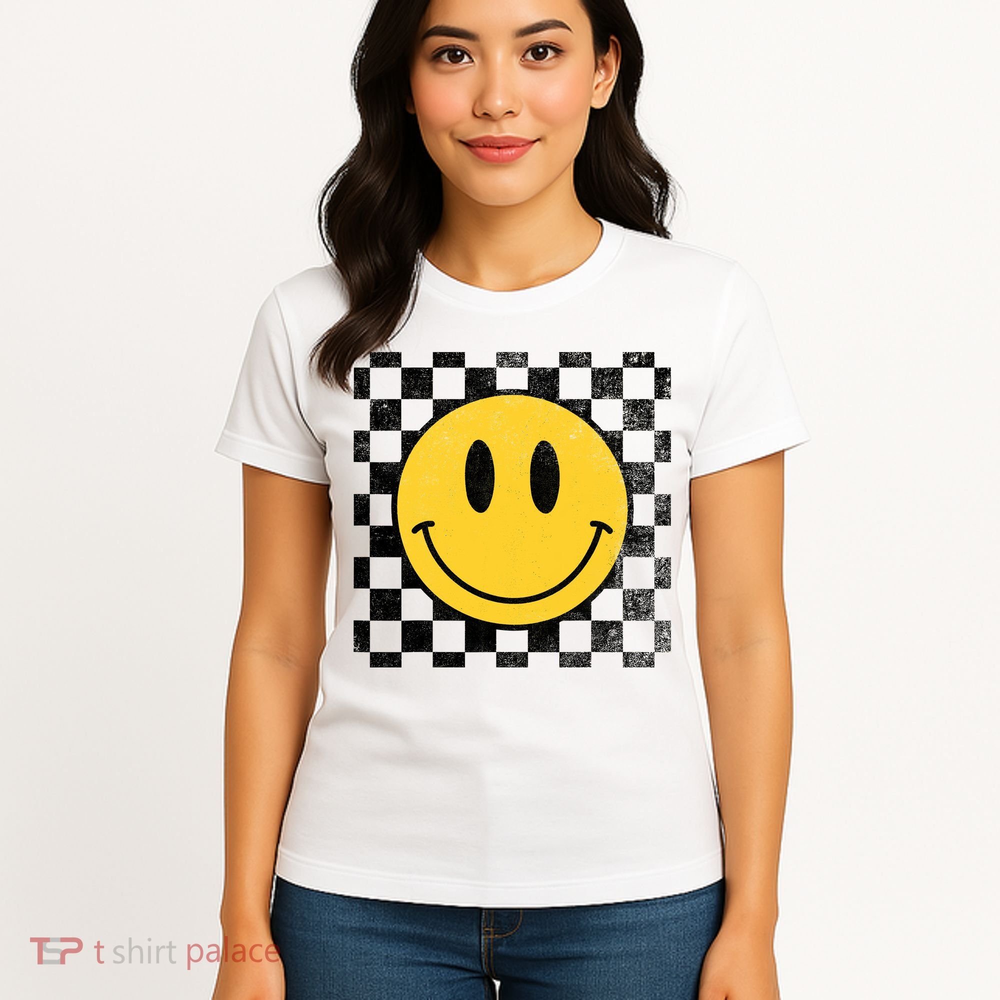 Retro Happy Face 70s Distressed Checkered Pattern Smile Face Women's T-Shirt