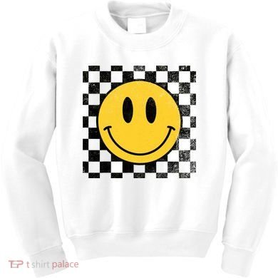 Retro Happy Face 70s Distressed Checkered Pattern Smile Face Kids Sweatshirt