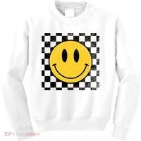 Retro Happy Face 70s Distressed Checkered Pattern Smile Face Kids Sweatshirt thumb 0