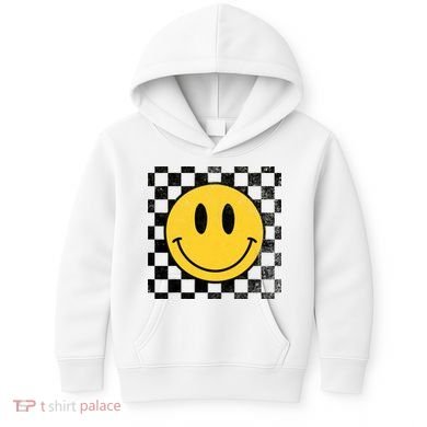 Retro Happy Face 70s Distressed Checkered Pattern Smile Face Kids Hoodie