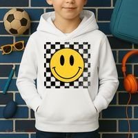 Retro Happy Face 70s Distressed Checkered Pattern Smile Face Kids Hoodie thumb 2