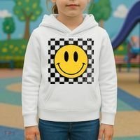 Retro Happy Face 70s Distressed Checkered Pattern Smile Face Kids Hoodie thumb 3